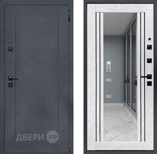 Входная металлическая Дверь Престиж Лофт с зеркалом Бетон снежный в Чехове